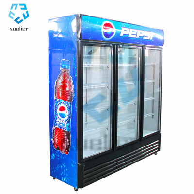 Commercial three-door upright glass beverage display freezer