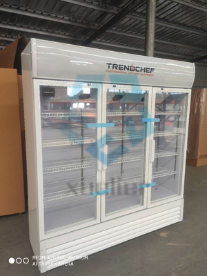 Commercial three-door upright glass beverage display freezer