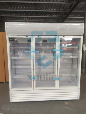 Commercial three-door upright glass beverage display freezer