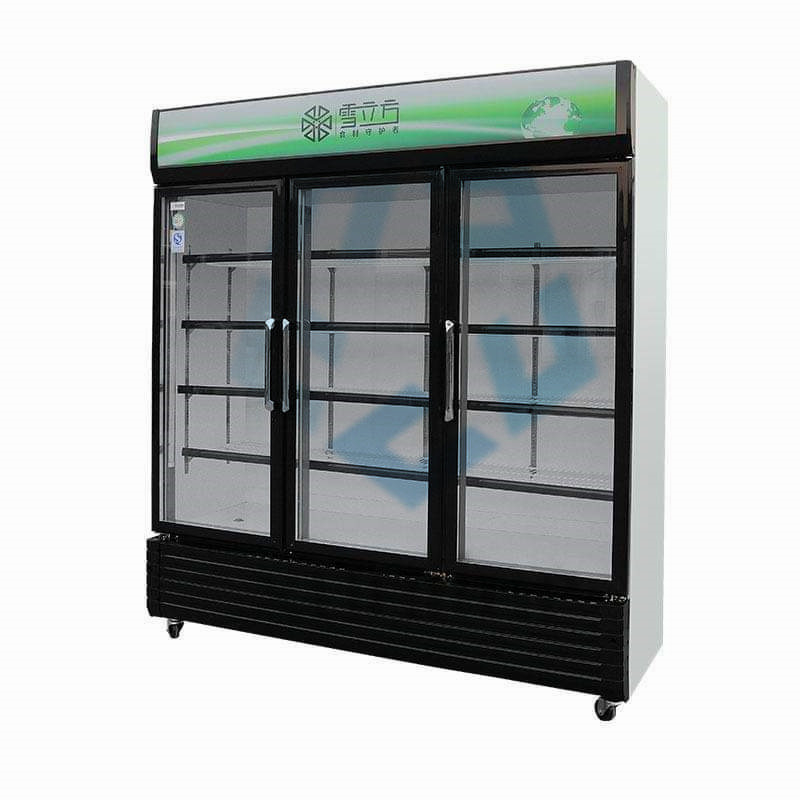 Commercial three-door upright glass beverage display freezer
